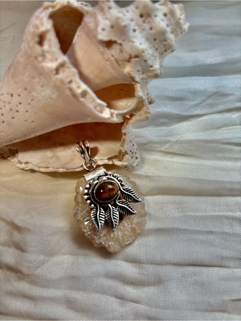 NEW 925 Silver Leaf Tiger's Eye Solar Quartz Pendant